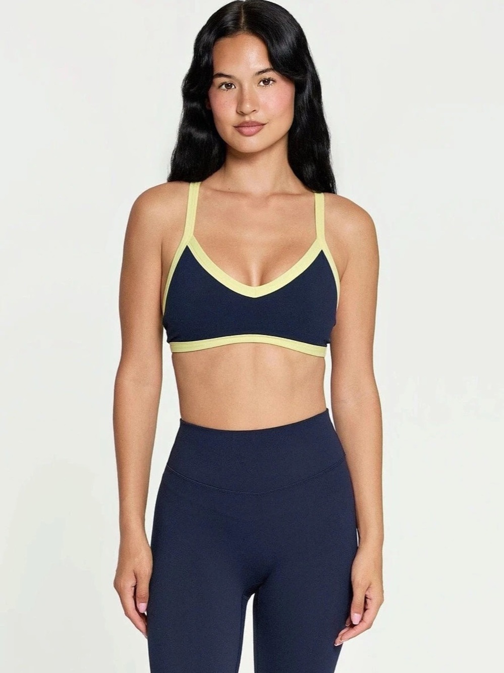 FORM V-Neck Sports Bra Navy Yellow Trim Racerback Size XL